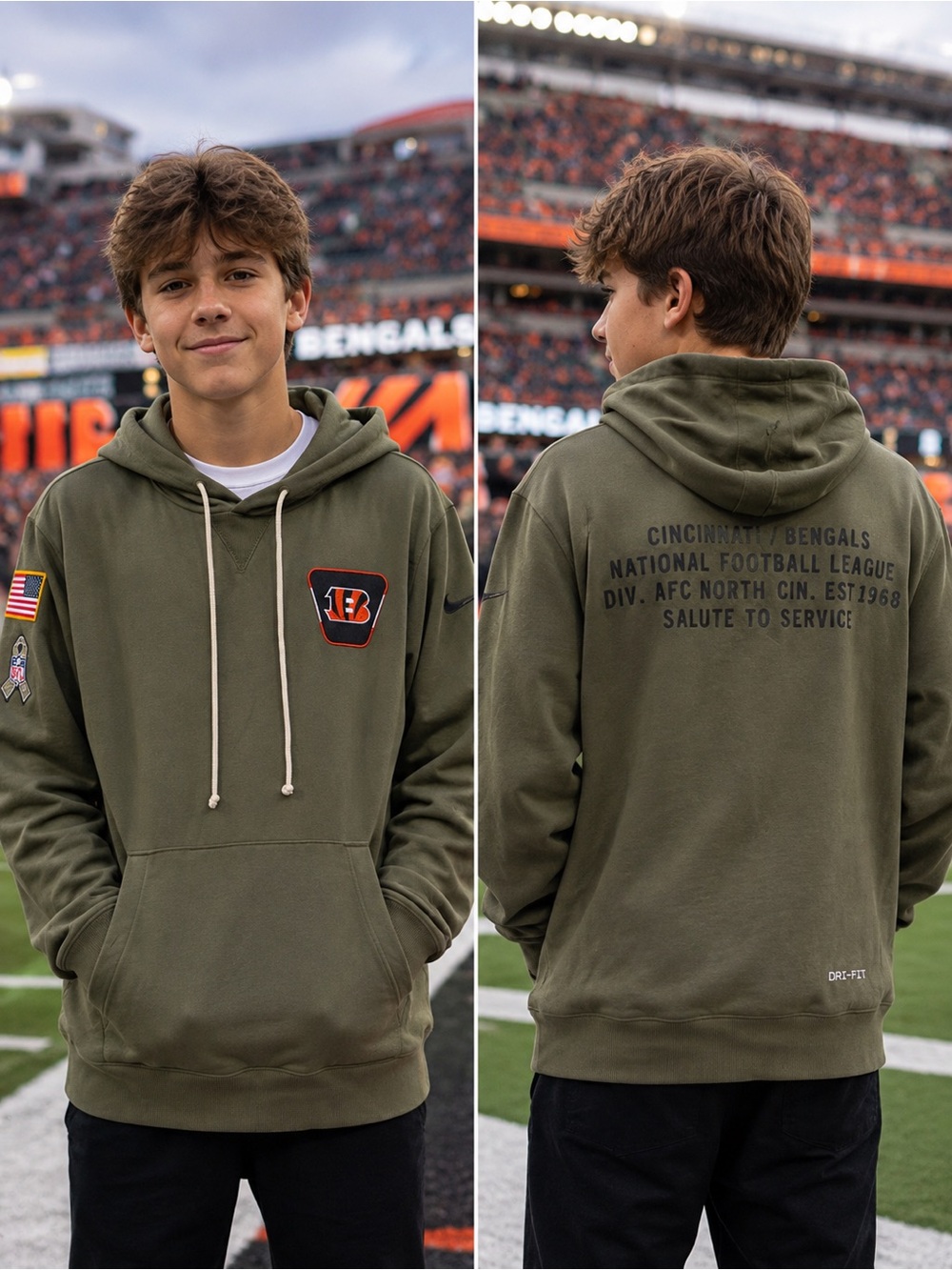 🆕 Nike Cincinnati Bengals Salute to Service Youth XL Hoodie Olive Green BNWT